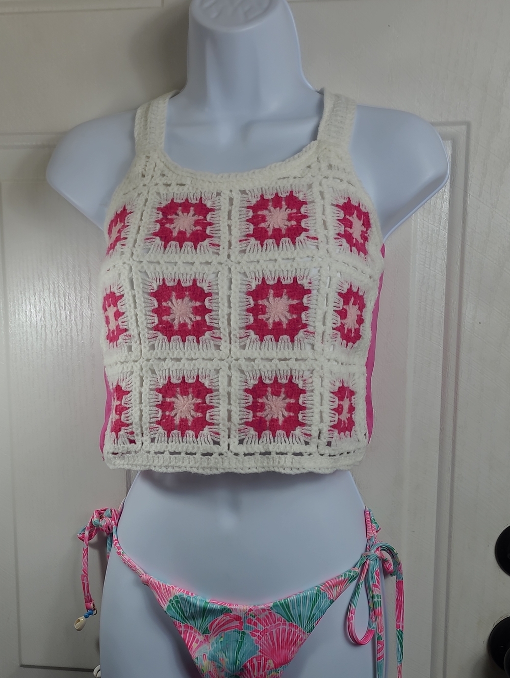 Love Squared Cream & Pink Crochet Square Crop Top